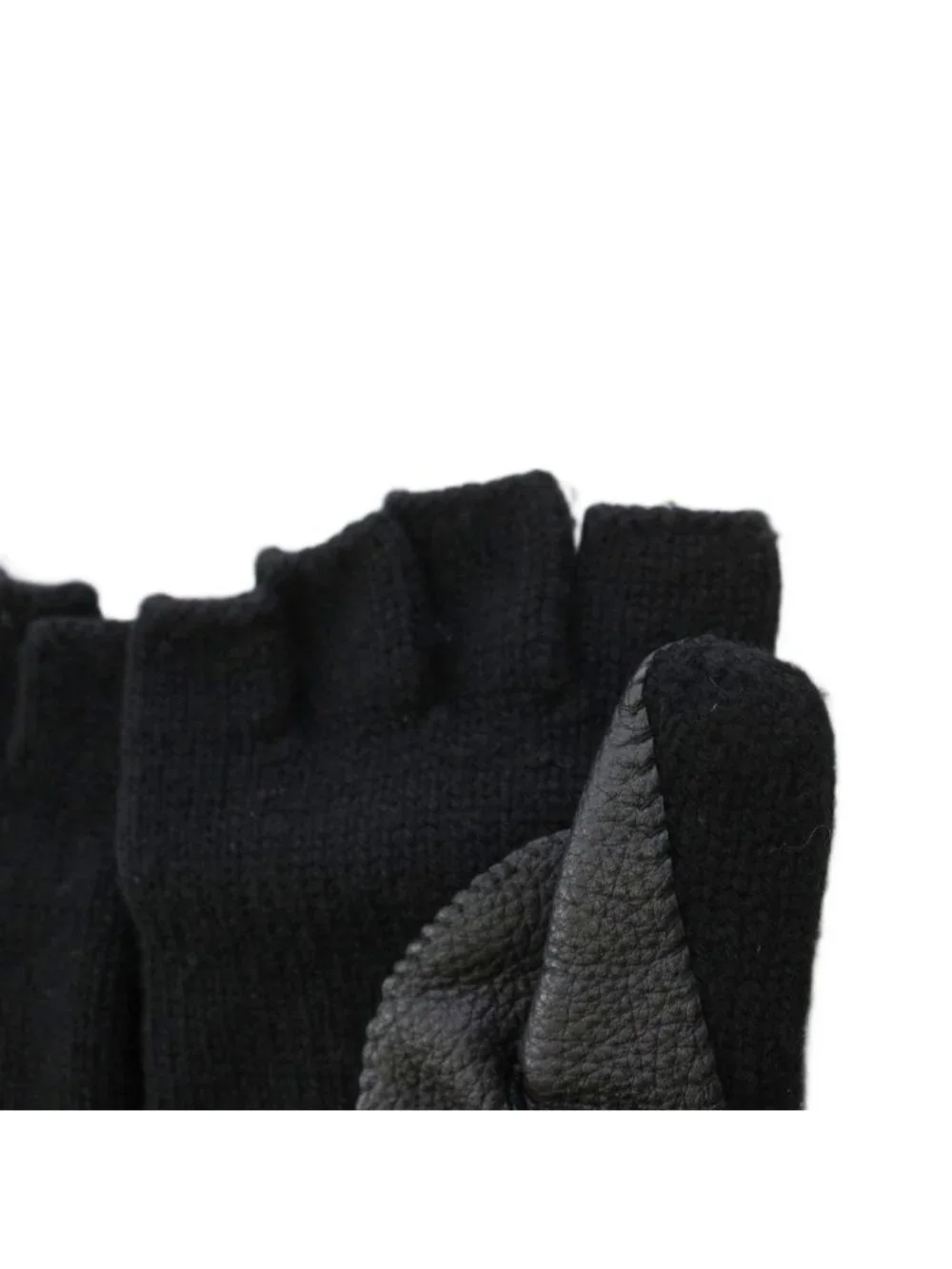 Hermes Knit Gloves Cashmere Deerskin Leather Sellier Buttons Black KH